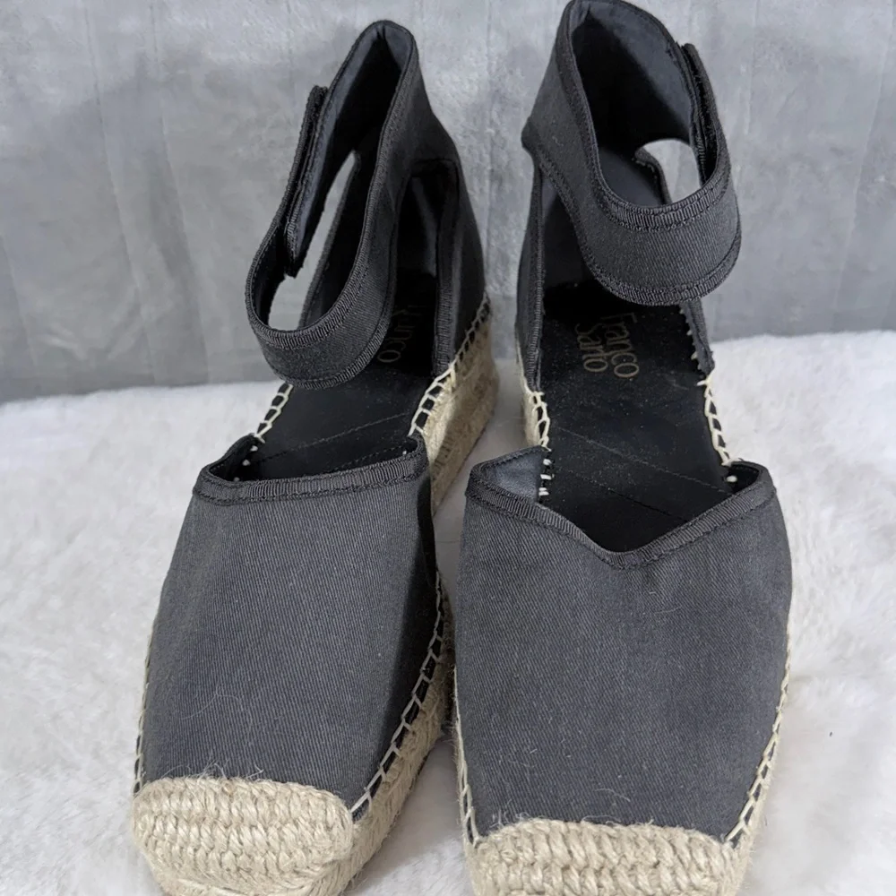 Franco Sarto Black Canvas Espadrille Wedge Sandals Size 9.5